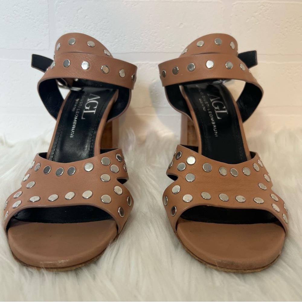 AGL Attilio Giusti Leombruni Tan Leather Block Heel Sandals Silver Studs US 8.5